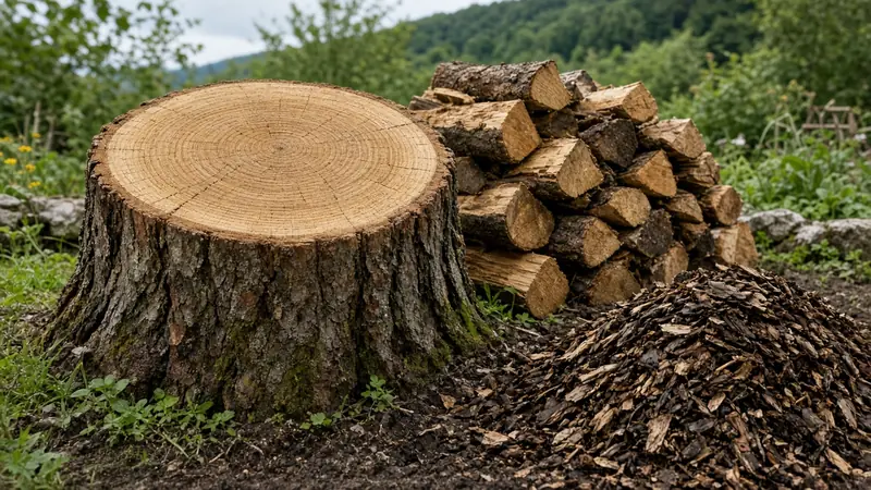 Sturmschaden Baum Thurgau: Grosser Baumstumpf mit Jahrringen, Holzstapel und Haufen Hackschnitzel