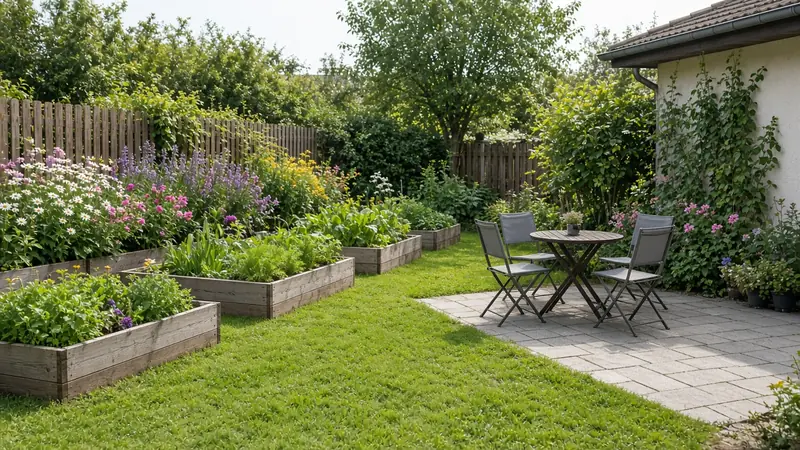 Familiengarten mit Rasen, Hochbeeten aus Holz, Blumenrabatte und Sitzplatz