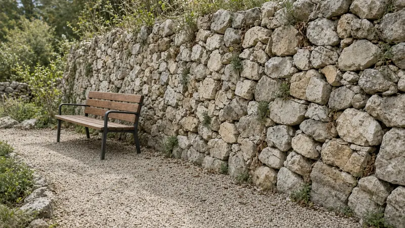 Trockenmauer aus Kalkstein neben einem Kiesplatz mit Holzbank